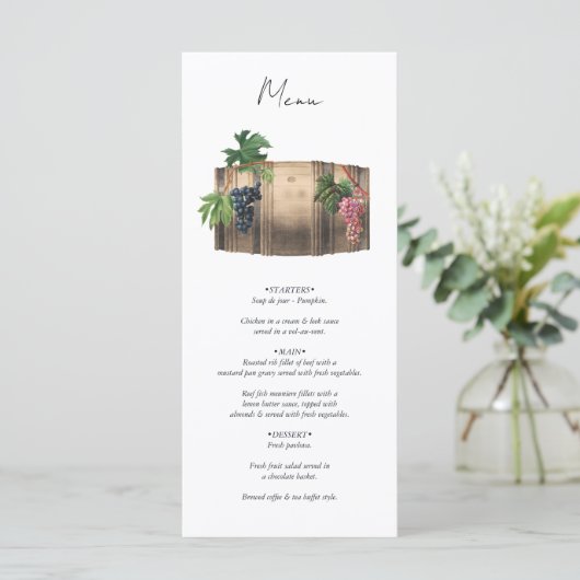 Rustieke wijnvat wijnmakerij wijngaard bruiloft menu (Staand voorkant)