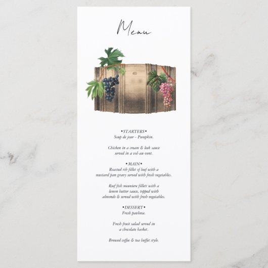 Rustieke wijnvat wijnmakerij wijngaard bruiloft menu (Voorkant)