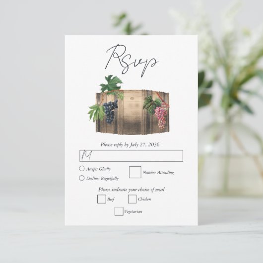 Rustieke wijnvat wijnmakerij wijngaard bruiloft RSVP kaartje (Staand voorkant)