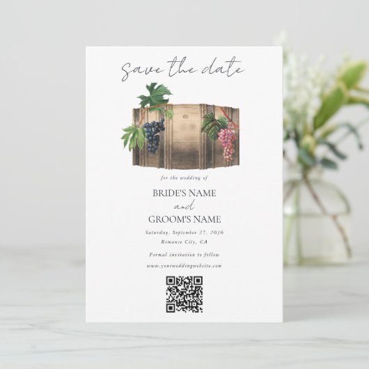 Rustieke wijnvat wijnmakerij wijngaard bruiloft save the date (Staand voorkant)