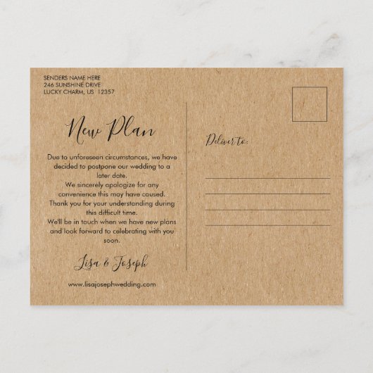 Rustieke wijziging van de datum uitgesteld geannul briefkaart (Achterkant)