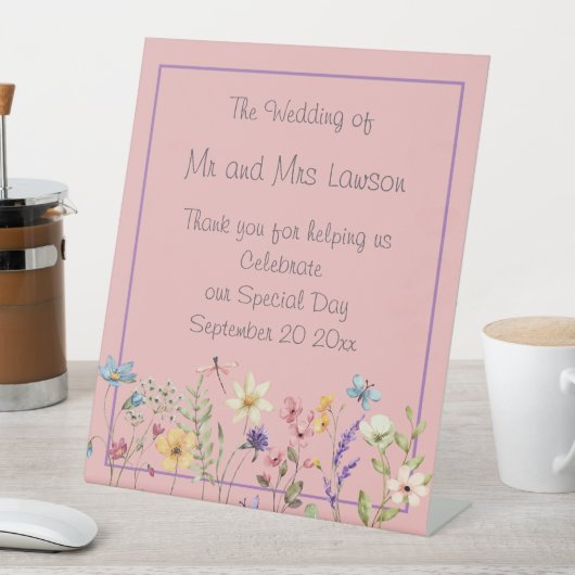 Rustieke Wildbloemen Boho Dusty Roze Bruiloft Reclamebord Met Voetstuk (Insitu)