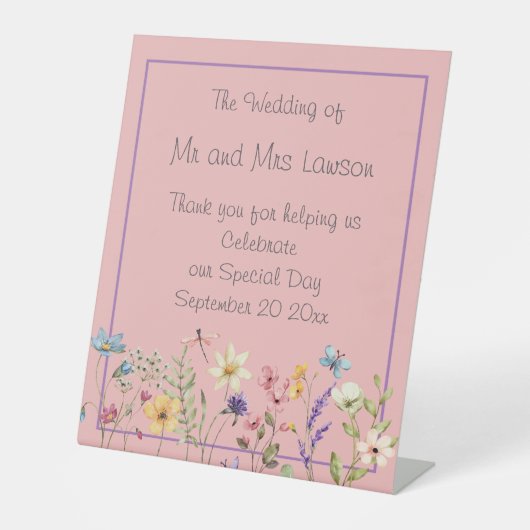 Rustieke Wildbloemen Boho Dusty Roze Bruiloft Reclamebord Met Voetstuk (Voorkant)
