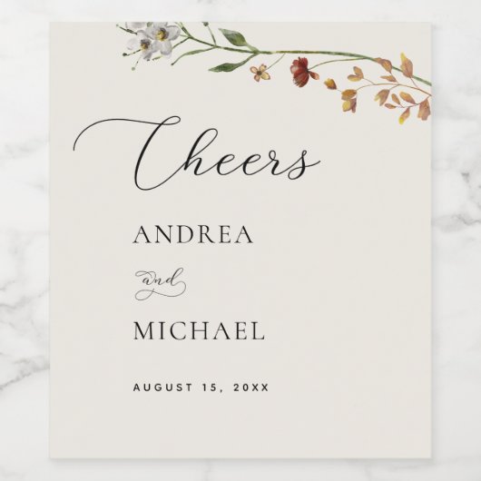 Rustieke Wildbloemen Ivoor Romantisch Proost Bruil Wijn Etiket (Enkel label)