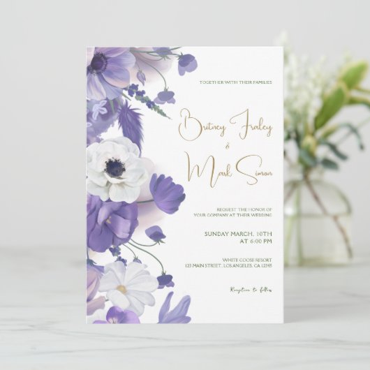 Rustieke Wildbloemen Mauve Paarse bruiloft Kaart (Staand voorkant)