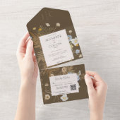 Rustieke Wildbloemen Monogram Bruin QR-code All In One Uitnodiging (Afscheurbaar)