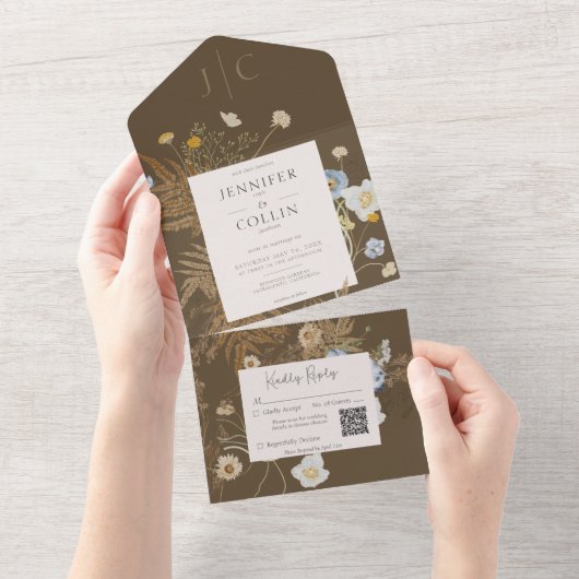 Rustieke Wildbloemen Monogram Bruin QR-code All In One Uitnodiging (Afscheurbaar)