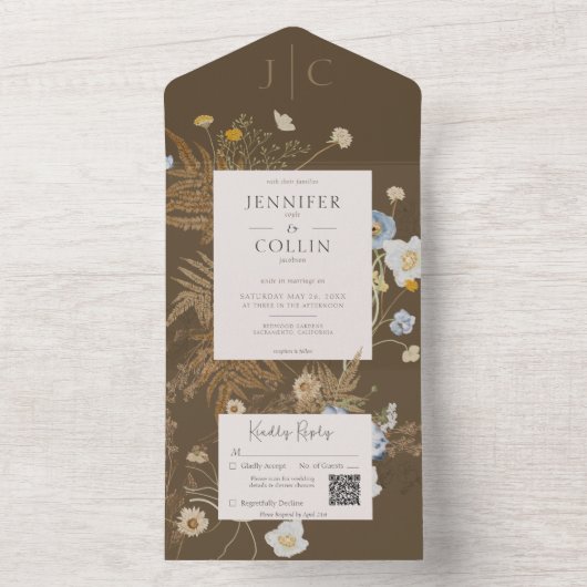 Rustieke Wildbloemen Monogram Bruin QR-code All In One Uitnodiging (Binnen)