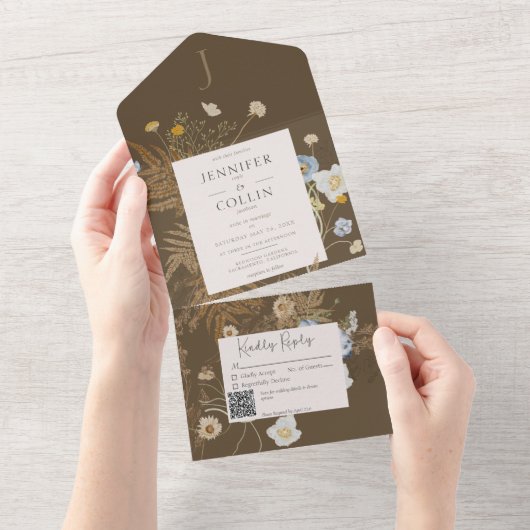 Rustieke Wildbloemen Monogram Bruin QR-code All In One Uitnodiging (Afscheurbaar)
