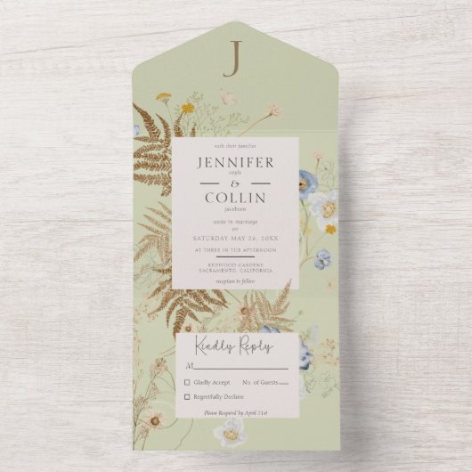 Rustieke Wildbloemen Monogram LT Groen Geen Diner All In One Uitnodiging (Binnen)