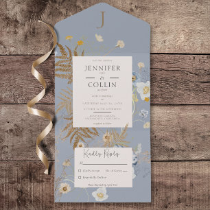 Rustieke Wildbloemen Monogram Stoffig Blauw Geen D All In One Uitnodiging