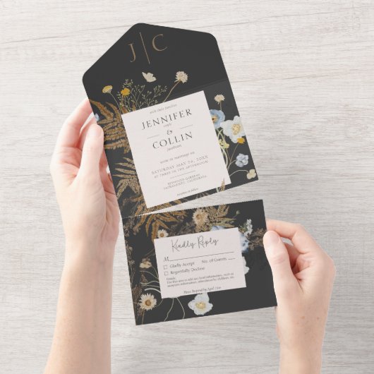 Rustieke Wildbloemen Monogram Zwart Geen diner All In One Uitnodiging (Afscheurbaar)