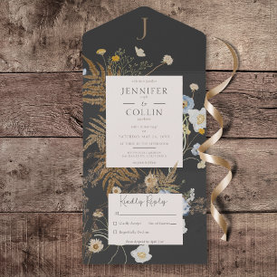 Rustieke Wildbloemen Monogram Zwart Geen diner All In One Uitnodiging