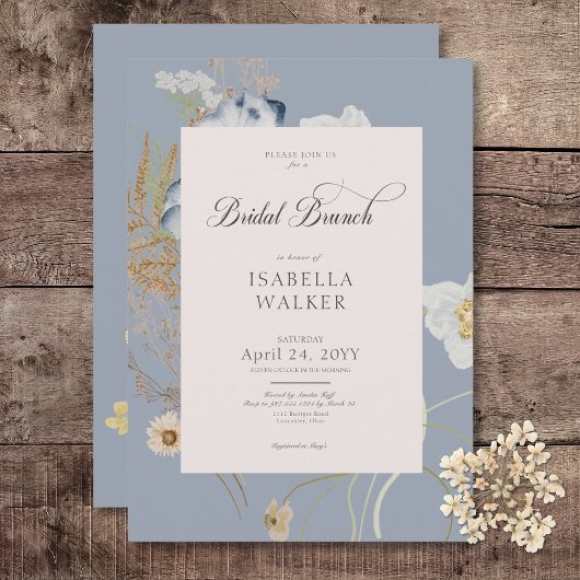 Rustieke Wildbloemen op Dusty Blue Bridal Brunch Kaart