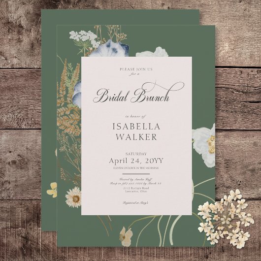 Rustieke Wildbloemen op Sage Green Bridal Brunch Kaart