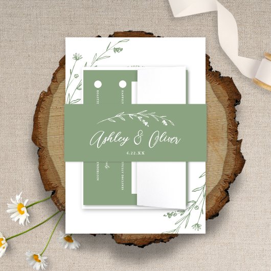 Rustieke Wildbloemen Script Sage Groene Bruiloft Uitnodigingen Wikkel