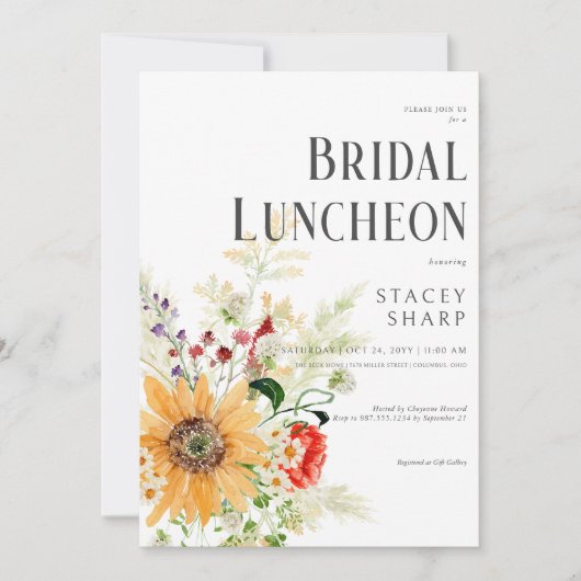 Rustieke Wildbloemen & Zonnebloemen Bruidsmiddagma Kaart (Voorkant)