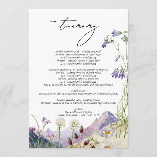 Rustieke Wilde Bloem Berg Itinerarium Trouwdag Programmakaart (Achterkant)