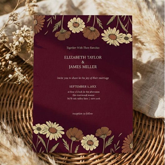 Rustieke Wilde Bloem Burgundy Bloemen Bruiloft Kaart
