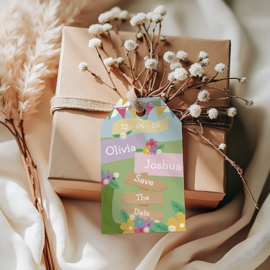 Rustieke wilde bloem met vlaggen Save The Date Cadeaulabel