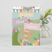 Rustieke wilde bloem met vlaggenlijn Save The Date Kaart (Staand voorkant)