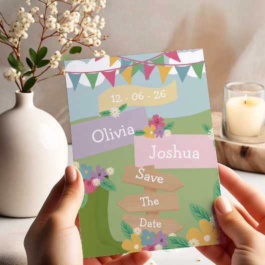 Rustieke wilde bloem met vlaggetjes Save The Date Kaart