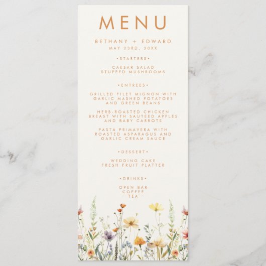 Rustieke Wilde Bloemen Bruiloft Menu (Voorkant)