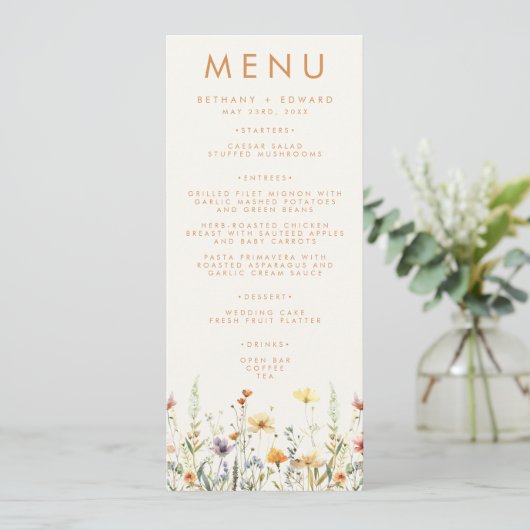 Rustieke Wilde Bloemen Bruiloft Menu (Staand voorkant)