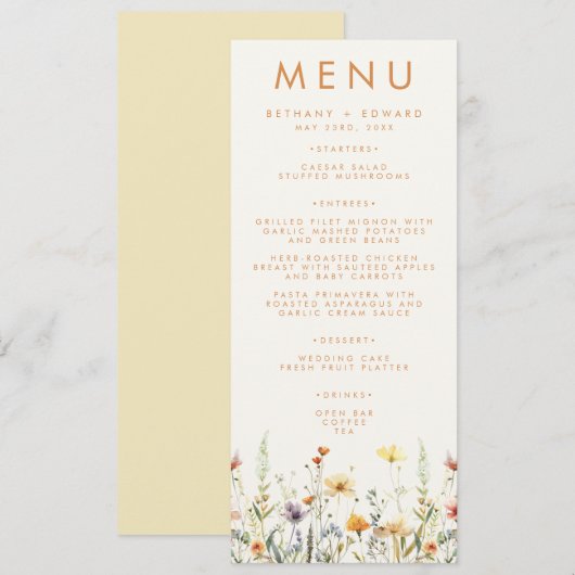 Rustieke Wilde Bloemen Bruiloft Menu (Voorkant / Achterkant)