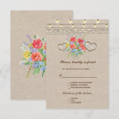 Rustieke Wilde Bloemen Burlap Wedding RSVP Kaartje (Voorkant / Achterkant)