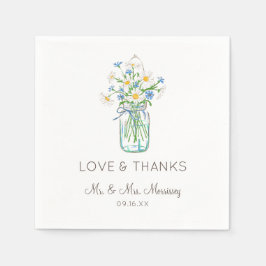 Rustieke wilde bloemen in een metselwerkpot, liefd servet