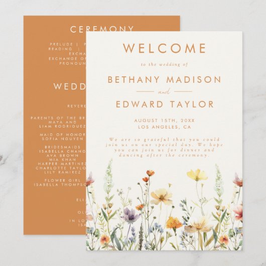 Rustieke Wilde Bloemen Trouwceremonie Programmakaart (Voorkant / Achterkant)
