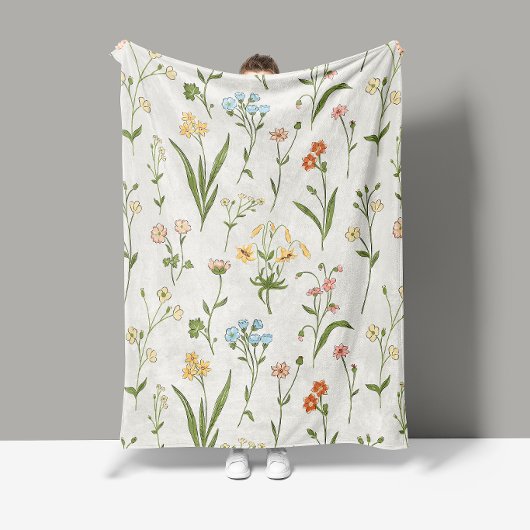 Rustieke Wilde Bloemenweide Handgetekend Meerkleur Fleece Deken