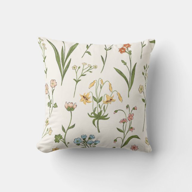Rustieke Wilde Bloemenweide Handgetekend Meerkleur Kussen (Voorkant)