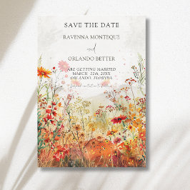 Rustieke wilde bloemenweide herfstbruiloft save the date