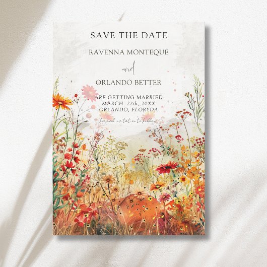 Rustieke wilde bloemenweide herfstbruiloft save the date