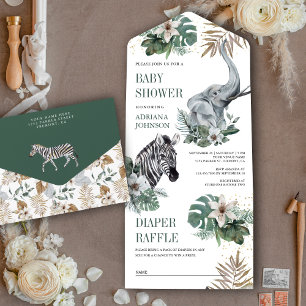 Rustieke Wilde Safari Zebra en Olifant Baby Borrel All In One Uitnodiging