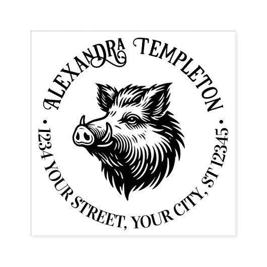 Rustieke Wilde Zwijn Kop Naam Retouradres #1P Rubberstempel (Afrduk)