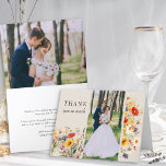 Rustieke Wildflower 2 foto Levendige bloemenbruilo Bedankkaart<br><div class="desc">Rustieke wildflower bruiloft dank u kaarten met 2x aangepaste foto's, gepersonaliseerde dank u formulering en elegant bloemontwerp. De kaart heeft een weelderige rand van bruisende wilde bloemen en uitgebreide bloei in rijke, warme aardse neutrale tinten. Een prachtig ontwerp met zomer- en herfstkleuren van rood sinaasappel geel roze blauw en crème...</div>