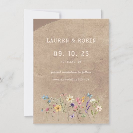 Rustieke Wildflower Bewaar de datum Geen Foto Brui Notitiekaartje (Achterkant)