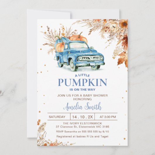Rustieke Wildflower Blue Pumpkin Truck Baby shower Kaart (Voorkant)