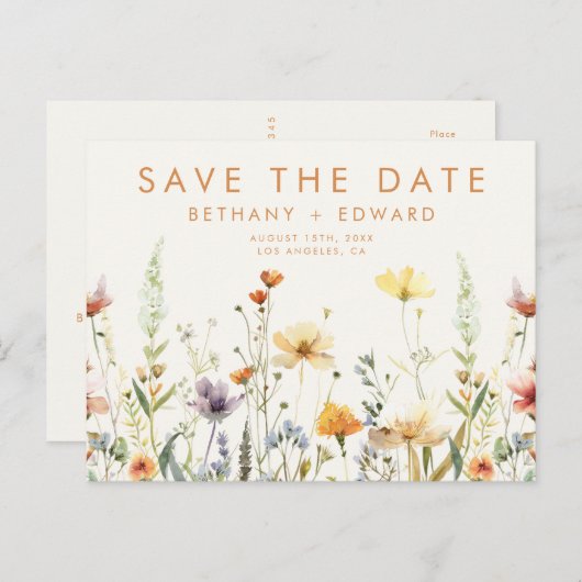 Rustieke Wildflower bruiloft Save the Date Briefka Uitnodiging Briefkaart (Voorkant / Achterkant)