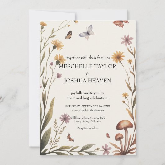 Rustieke Wildflower Butterfly & Mushroom Wedding Kaart (Voorkant)