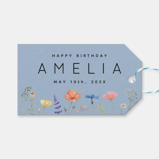 Rustieke Wildflower Happy Birthday Naam Cadeaulabel (Voorkant (Horizontaal))