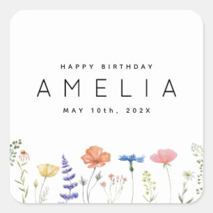 Rustieke Wildflower Happy Birthday Naam Vierkante Sticker