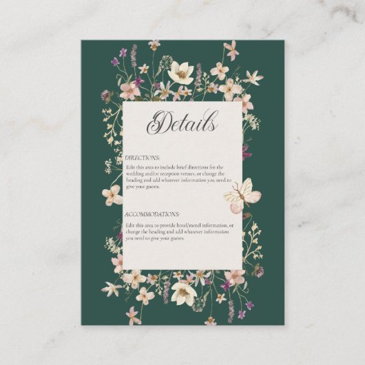 Rustieke Wildflower Lijst Emerald Green Details Informatiekaartje (Voorkant)