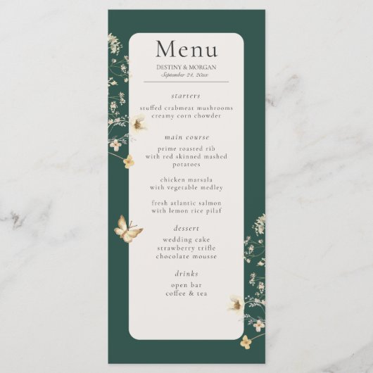 Rustieke Wildflower Lijst Smaragd Groene Bruiloft Menu (Voorkant)