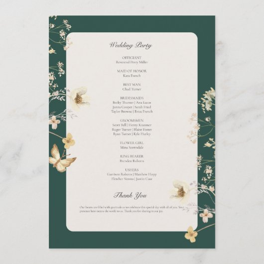 Rustieke Wildflower Lijst Smaragd Groene Bruiloft Programmakaart (Achterkant)