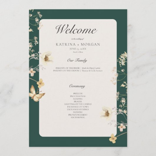 Rustieke Wildflower Lijst Smaragd Groene Bruiloft Programmakaart (Voorkant)