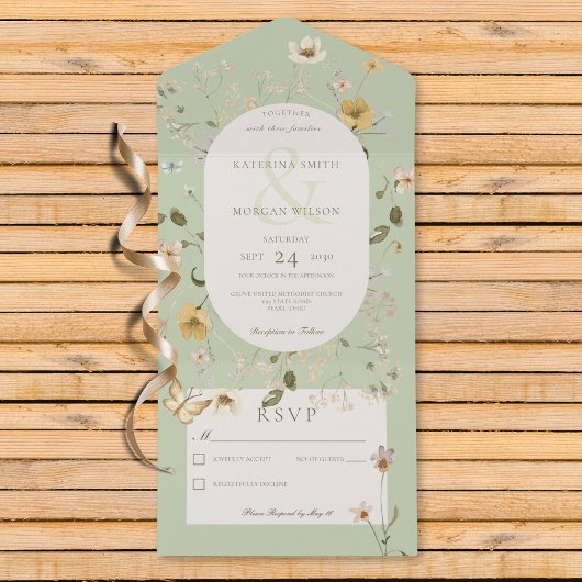 Rustieke Wildflower Ovaal Lijst Sage Groen Geen Di All In One Uitnodiging